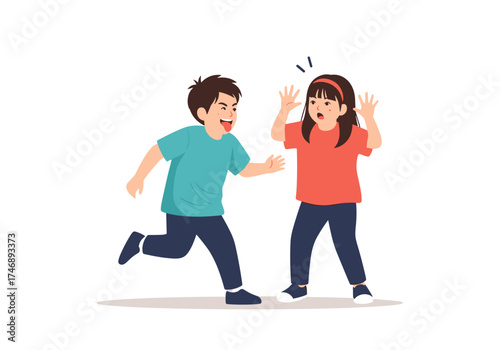 Two young children playfully chasing each other outdoors during the day.