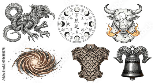 Assorted Fantasy Illustration Elements: Lizard, Calendar, Bull, Galaxy, Armor, Bell