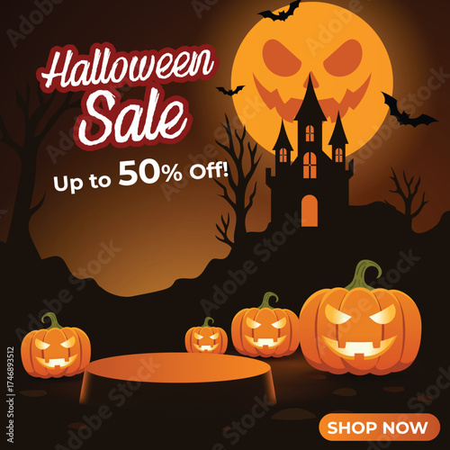 Halloween Sale Banner Pumpkin Castle Design