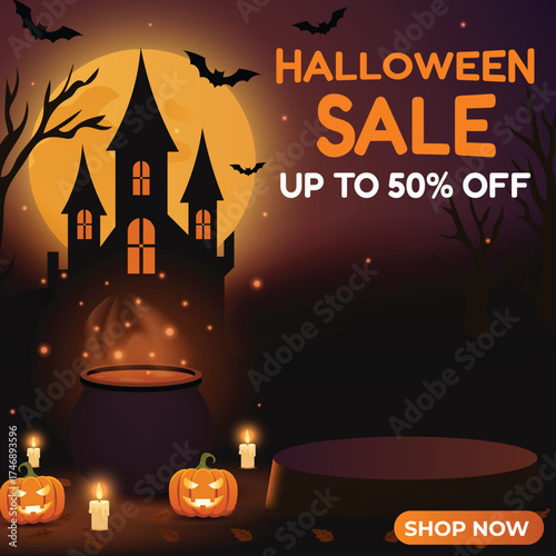Halloween Sale Banner Haunted Night Cauldron