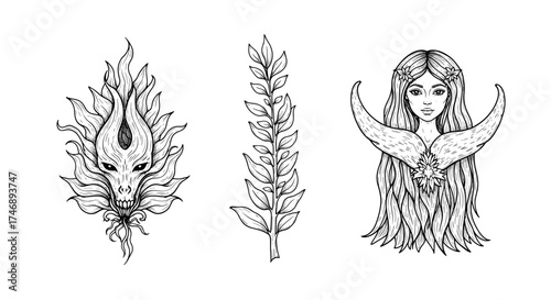 Mystical Illustration: Fox Spirit, Branch, and Mermaid on White Background