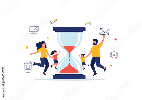 A happy family enjoying quality time together around a large hourglass symbolizing the passage of time.