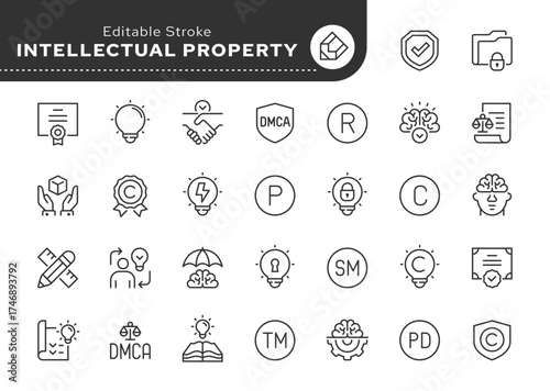 Intellectual property line icon set. Copyright, law, trademark, registered, service mark, invention, patent, public domain, DMCA, protection. Outline icon in linear style. Vector collection.	