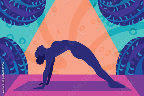 Dark blue figure in yoga bridge pose on purple mat