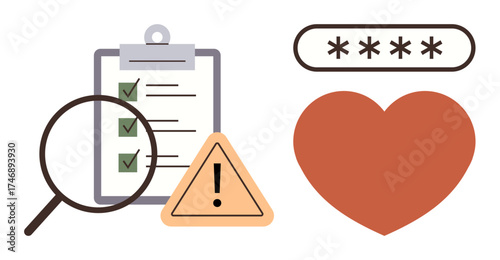 Magnifying glass over a checklist, warning triangle, password entry box, and heart. Ideal for security, safety, health, evaluation warning privacy and care. A simple flat metaphor