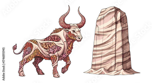 Decorative Taurus Illustration with Abstract Design Elements on White Background