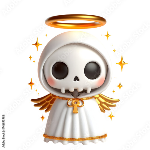 Cute 3d skeleton wearing ghost cloak surrounded by a golden halo isolated on white background