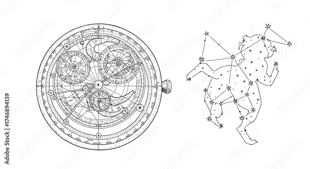 Fototapeta premium Detailed Astrolabe and Celestial Figure Black and White Astronomical Illustration