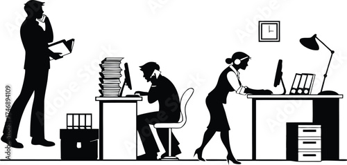Office workers at desks with computers and phones business