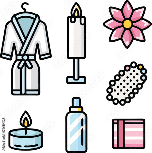 Spa and wellness icons including robe candle flower and lotion
