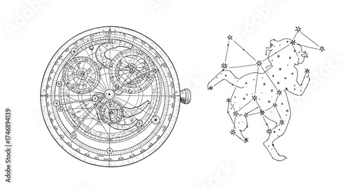 Detailed Astrolabe and Celestial Figure Black and White Astronomical Illustration