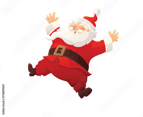 Cheerful Santa Claus jumping with joy in red-and-white costume. Cute festive cartoon vector, no text. Perfect for Christmas posters, greeting cards, party designs.Transparent background in vector file
