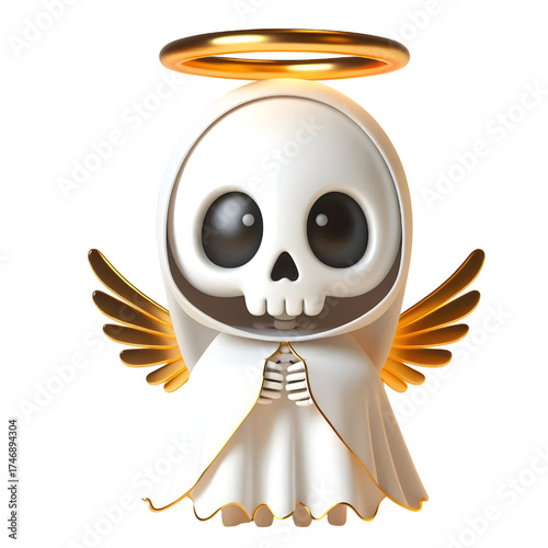 Cute 3d skeleton wearing ghost cloak surrounded by a golden halo isolated on white background