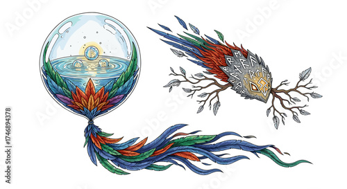Runes and Feathers: Mystical Fantasy Artwork on White Background