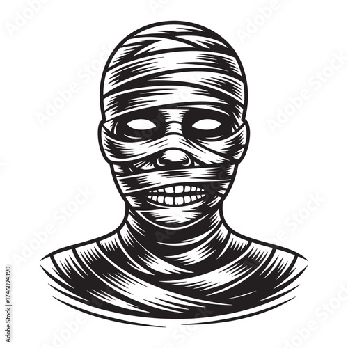 Eerie black and white illustration of a bandaged mummy head with glowing eyes and a grinning mouth