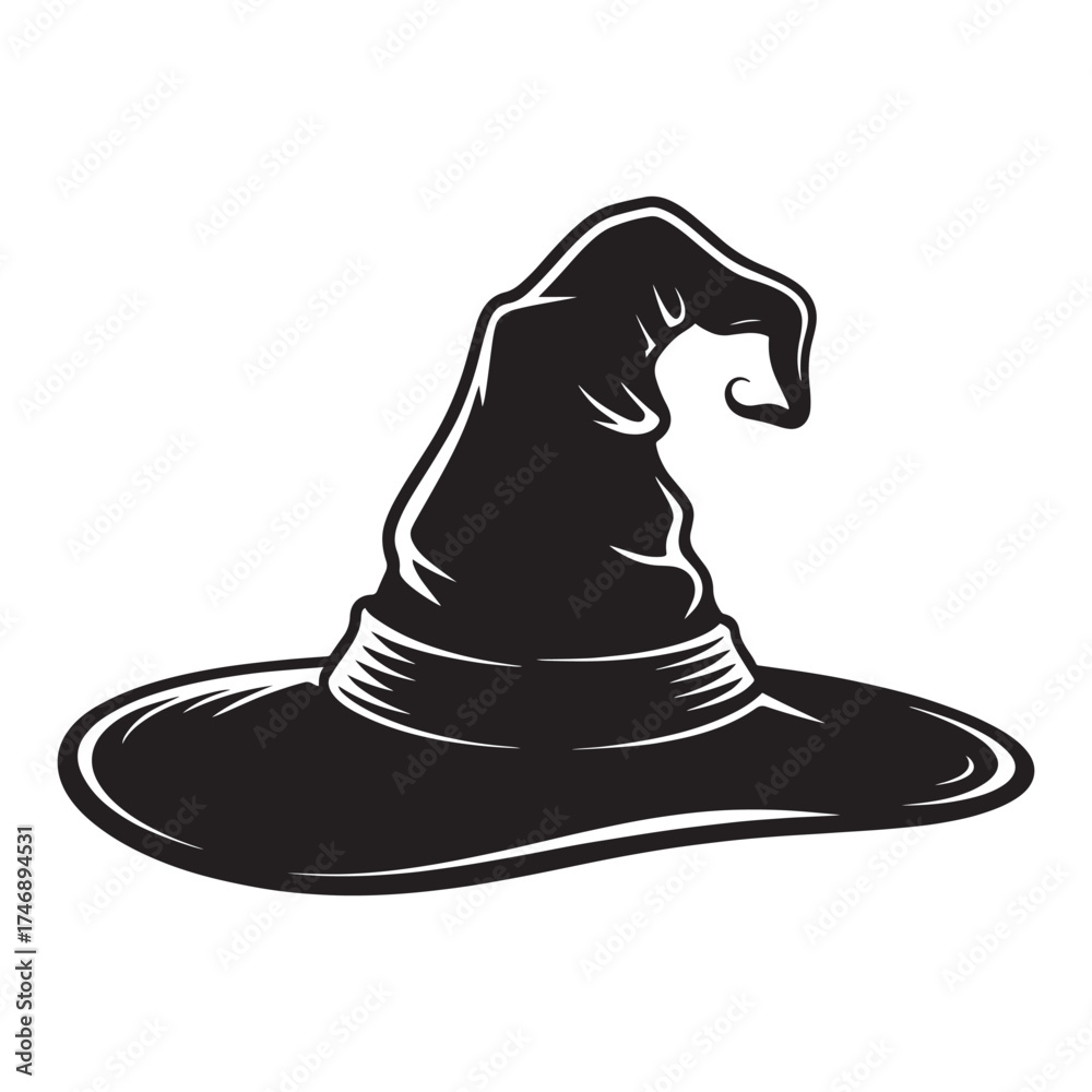 Fototapeta premium Silhouette of a classic pointed witch hat with a wide brim and curved top isolated on a white background