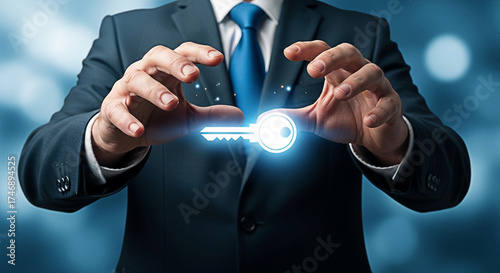 Businessman holding a glowing key representing security and access to opportunities