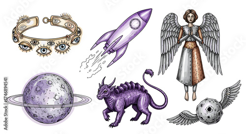Surreal Fantasy Illustration: Space, Angel, Monster and Symbolic Jewelry Elements