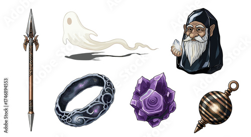 Fantasy game elements: spear, ghost, ring, crystal, wizard and pendulum.