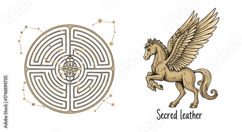 Celestial labyrinth and mythical pegasus, showcasing fantasy and golden illustration