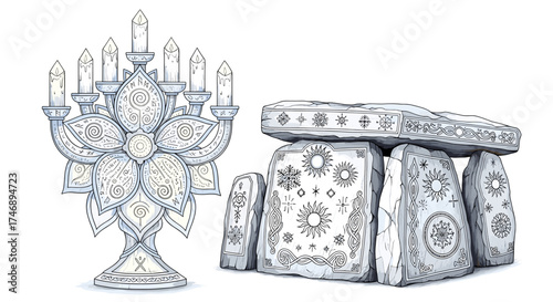 Enchanted Artifacts: Candle Holder and Stone Structure with Mystical Symbols