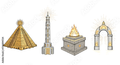 Ancient Structures with Sun Motifs on White Background - Mystical