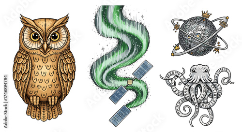 Whimsical Tattoo Flash Sheet: Owl, Aurora Borealis, Planet, and Octopus Designs