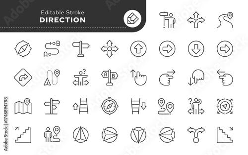 Direction line icon set. Path, route, way, navigation, gps, point, icon, map, compass, orientation, pointer and more. Outline icon in linear style. Vector collection.	
