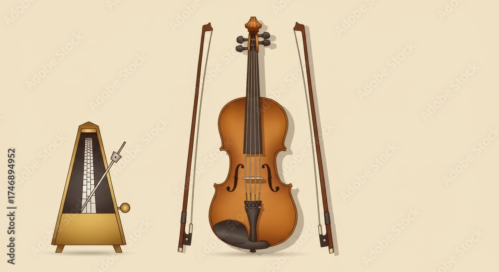 Fototapeta premium Violin and Bow Vector Set Isolated in Flat Minimal Style