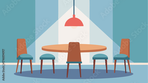 An elegant dining area with a round wooden table surrounded by modern armless chairs resting under a simple pendant light fixture.