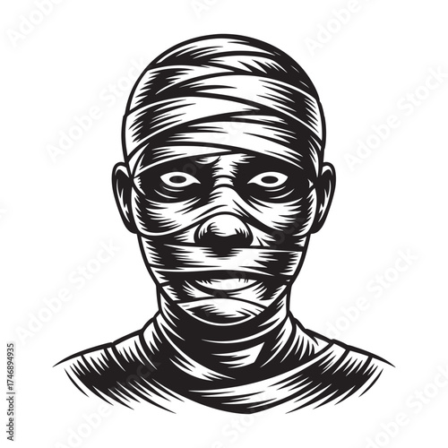 Eerie black and white illustration of a bandaged mummy head with glowing eyes