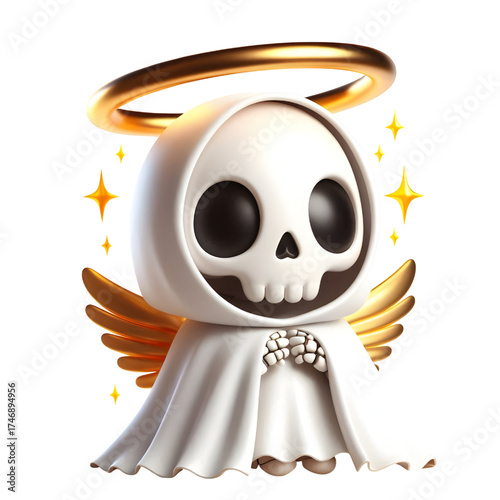 Cute 3d skeleton wearing ghost cloak surrounded by a golden halo isolated on white background
