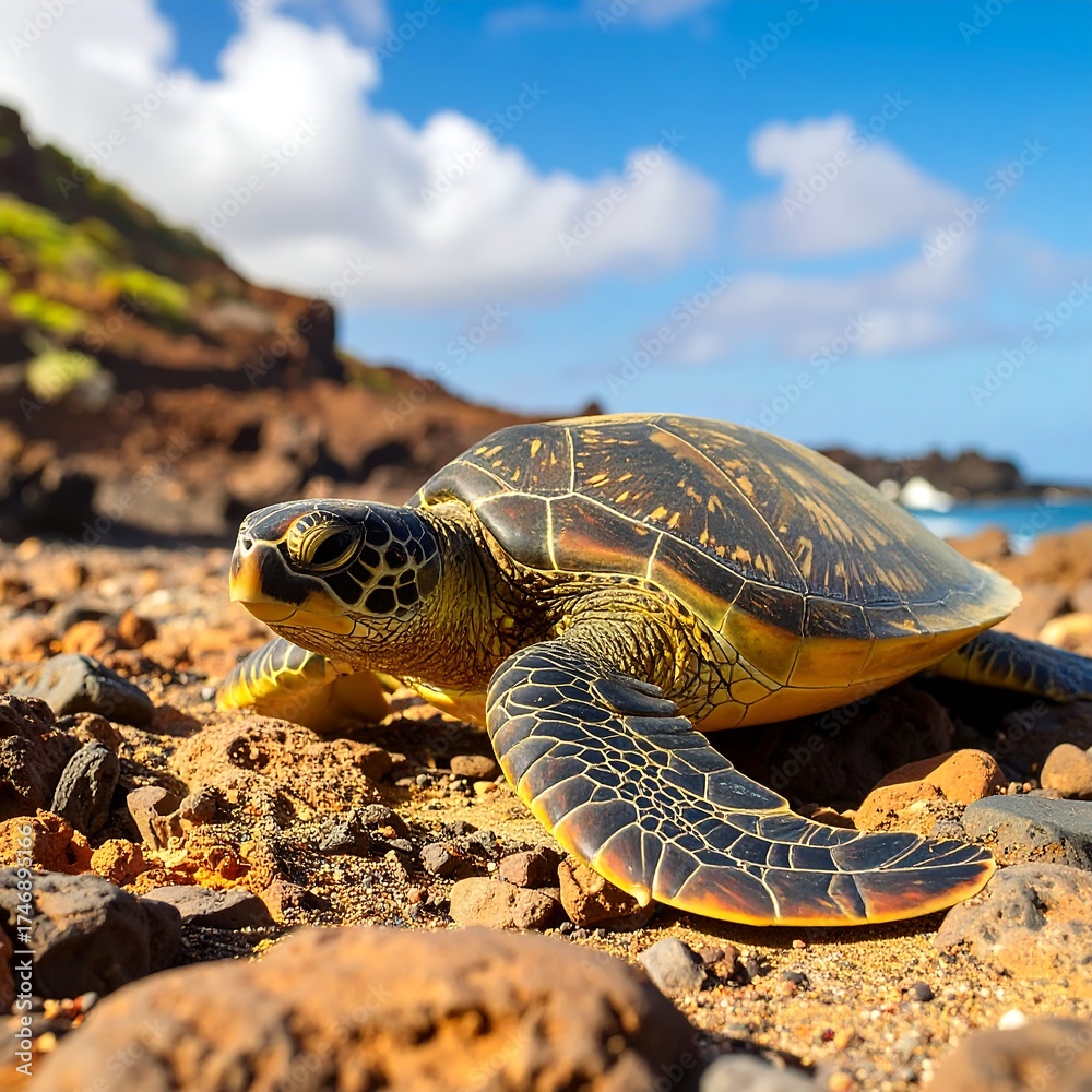 Obraz premium Sea turtle on a volcanic beach