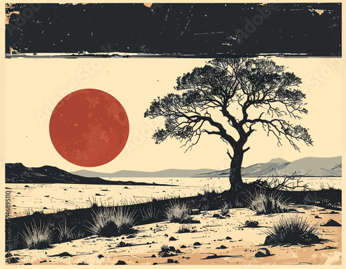Solitary Tree in Barren Landscape with Red Sun and Mountains Minimalist Woodcut Style