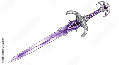 Ornate fantasy sword with purple blade and silver embellishments