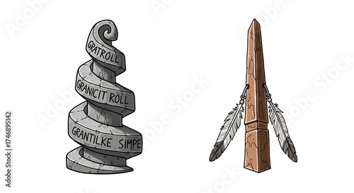 Stylized Stone Monuments with Carved Inscriptions and Feathers on a White Background