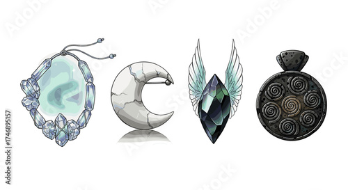 Mystical Amulets: A Collection of Magical Artifacts on White Backdrop