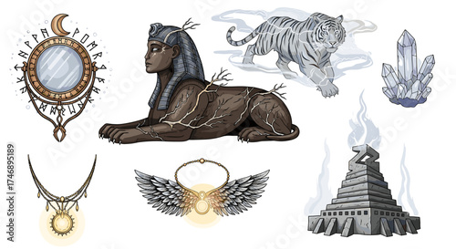 Collection of Mystical and Magical Fantasy Themed Elements on White Background