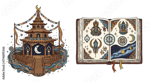 Mystical Journey: Illustration of Spiritual Architecture and Sacred Book