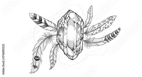 Elegant Crystal Adorned with Detailed Feathers in a Minimalist Artistic Design