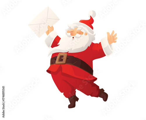 Santa Claus holding a Christmas letter and jumping with joy. Festive cartoon vector for greeting cards, holiday promotions, email marketing, special offers. Transparent background in vector file.