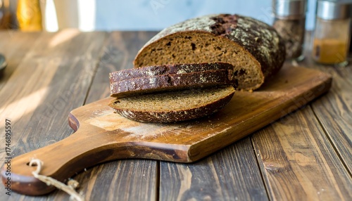 A dark, rustic loaf of bread, partially sliced, rests on a wooden cutting board, creating a warm, inviting scene. The wooden table adds to the homely feel