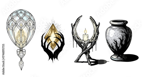 Collection of Mystical Objects with Fantasy and Ethereal Elements