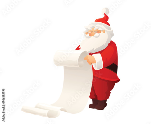 Santa Claus reading a long Christmas scroll. Wish list or Santa letter concept. Cheerful red-and-white cartoon vector, no text. For Christmas cards and posters. Transparent background in vector file.