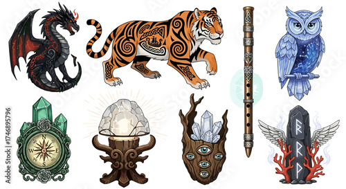 Mystical Icons: A Compilation of Fantasy Symbols and Creatures on White