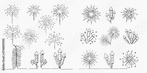 Line art illustration of fireworks and firecrackers on a transparent background.