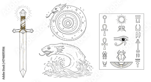 Mystical Line Art Collage Featuring Sword, Serpent, Leviathan, and Egyptian Symbols