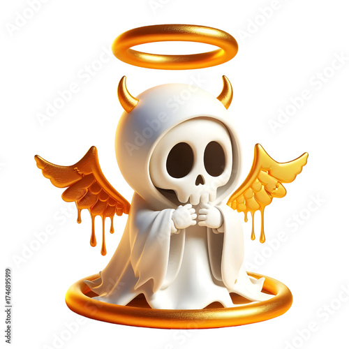 Cute 3d skeleton wearing ghost cloak surrounded by a golden halo isolated on white background