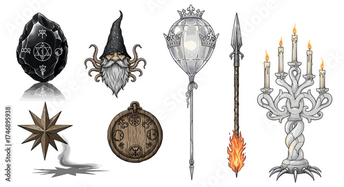 Collection of fantasy-themed items on a white background, vector illustration