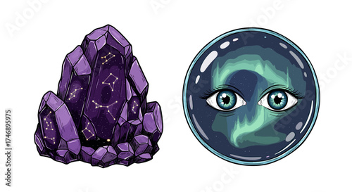Mystical crystal with constellations and celestial eye orb illustration
